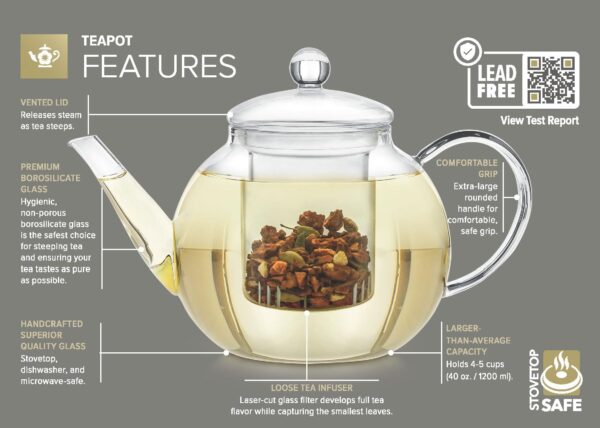 Teabloom Stovetop & Microwave Safe Glass Teapot (40 oz) with - Image 3