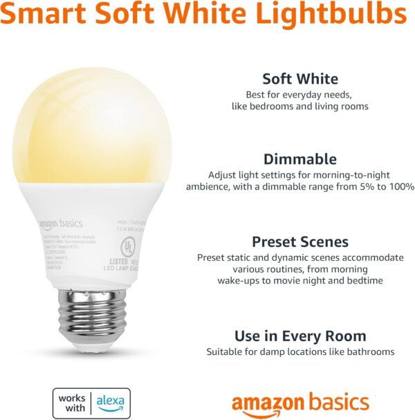 Amazon Basics Smart A19 LED Light Bulb, Dimmable Soft White - Image 2