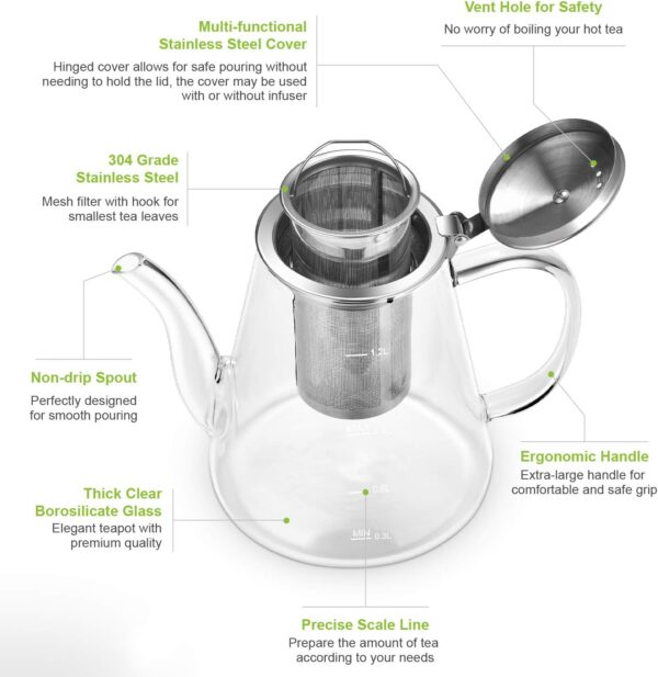 Glass Teapot, Zpose 1200ml (40oz) Teapot with Removable Infuser - Image 2