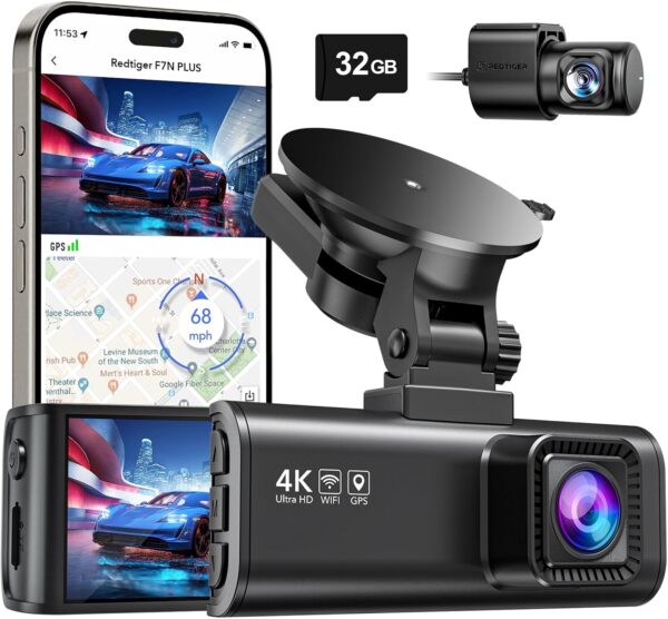 REDTIGER Dash Cam Front Rear, 4K/2.5K Full HD Dash Camera for Cars, Included 32GB Card,