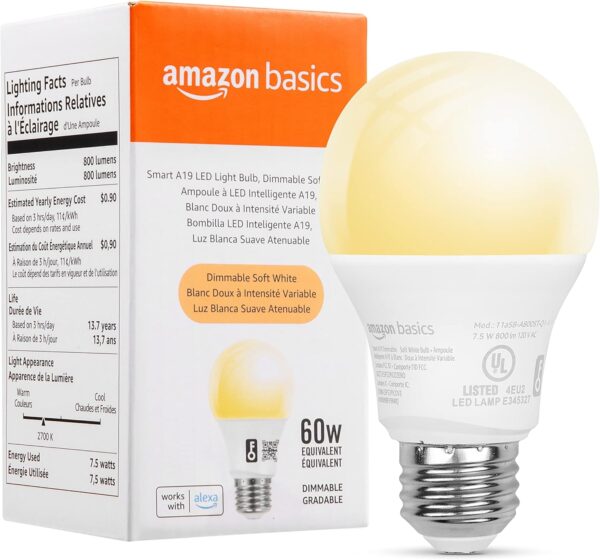 Amazon Basics Smart A19 LED Light Bulb, Dimmable Soft White