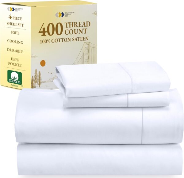 California Design Den 100% Cotton Bed Sheets King Size Set - 400 Thread Count Sateen, Deep Pocket King Sheet Set, King Sheets, Cooling