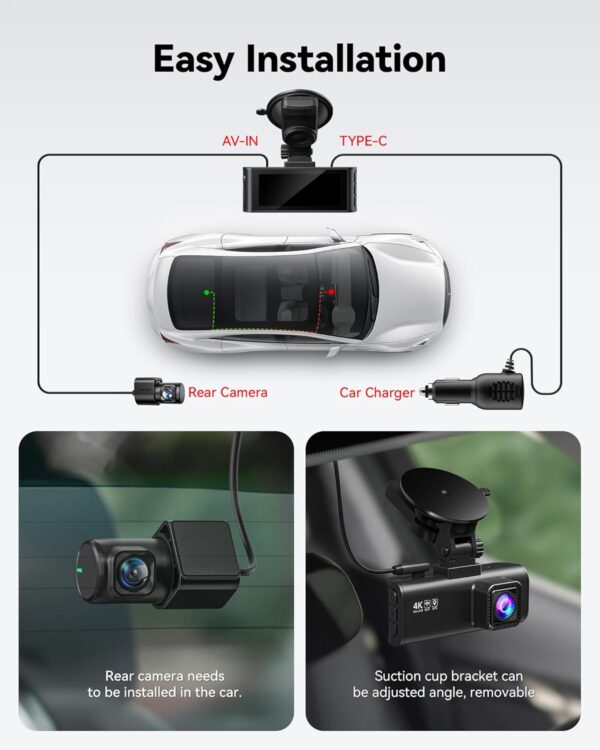 REDTIGER Dash Cam Front Rear, 4K/2.5K Full HD Dash Camera for Cars, Included 32GB Card, - Image 2