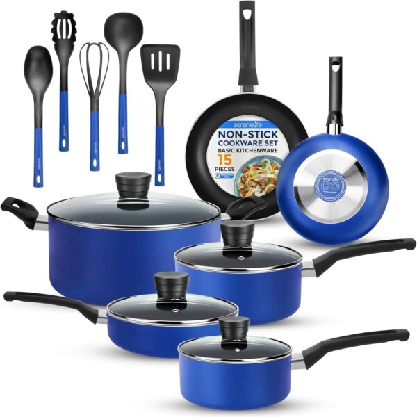 SereneLife Kitchenware Pots & Pans Basic Kitchen Cookware, Black Non-Stick Coating Inside,