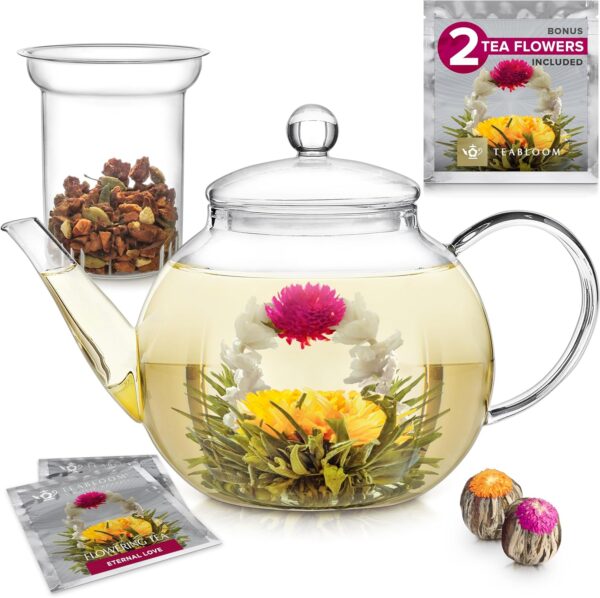 Teabloom Stovetop & Microwave Safe Glass Teapot (40 oz) with