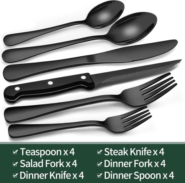 24-Piece Black Silverware Set with Steak Knives, Black Flatware Set for - Image 6