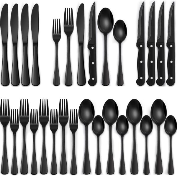 24-Piece Black Silverware Set with Steak Knives, Black Flatware Set for