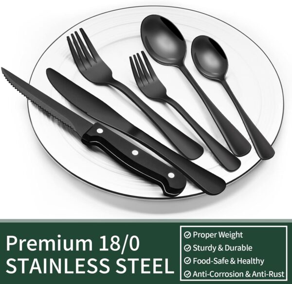 24-Piece Black Silverware Set with Steak Knives, Black Flatware Set for - Image 3