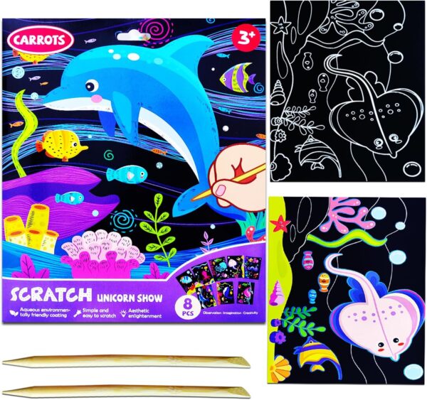 JUNQIU Scratch Art for Kids, Ocean Animals Black Rainbow Scratch