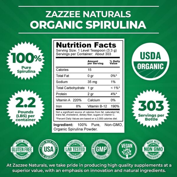 Zazzee Organic Spirulina Powder, 2.2 Pounds - Image 3