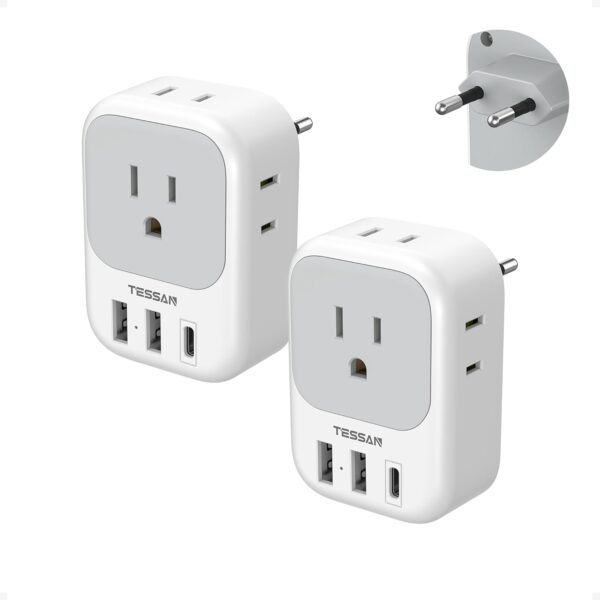 2 Pack European Plug Adapter USB C, TESSAN US to Europe