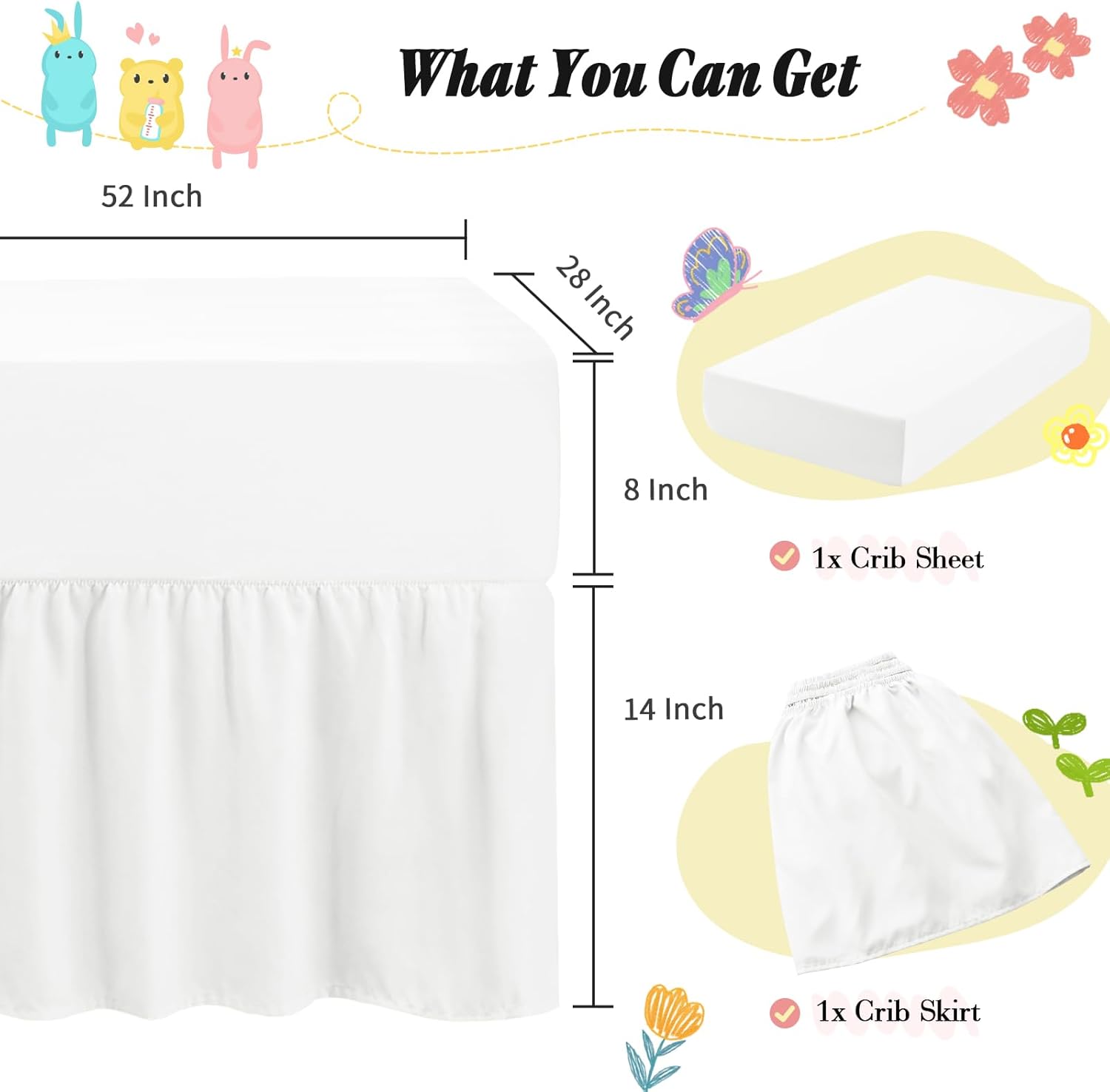 Horbaunal 2 Pack Crib Skirt & Crib Bed Sheet Set, White - Image 5