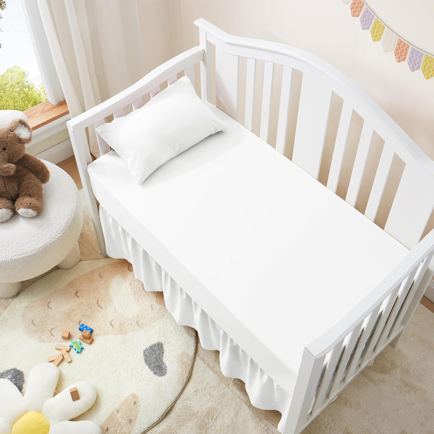 Horbaunal 2 Pack Crib Skirt & Crib Bed Sheet Set, White - Image 3