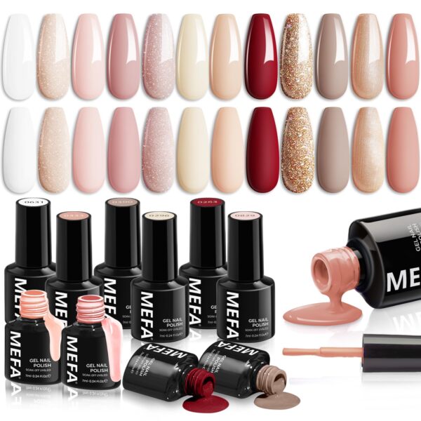 MEFA Gel Nail Polish Set, 12 Colors Champagne Gold Glitter