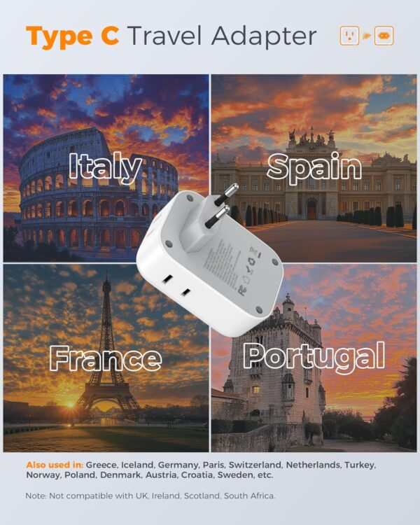 2 Pack European Plug Adapter USB C, TESSAN US to Europe - Image 4
