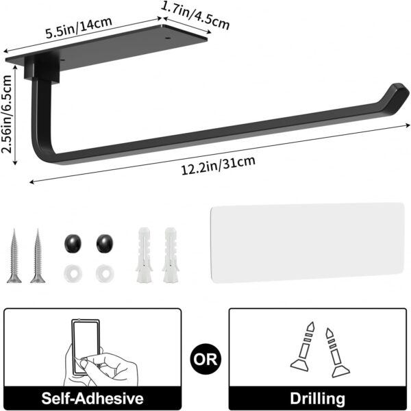 Paper Towel Holder - Self-Adhesive or Drilling, Matte Black, - Image 4