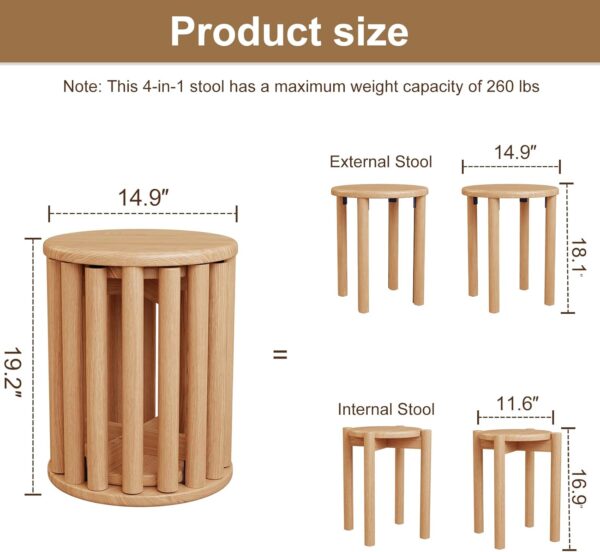 Stackable Stools Set of 4,4-in-1 Wood Stool,Round Wooden Stools - Image 4