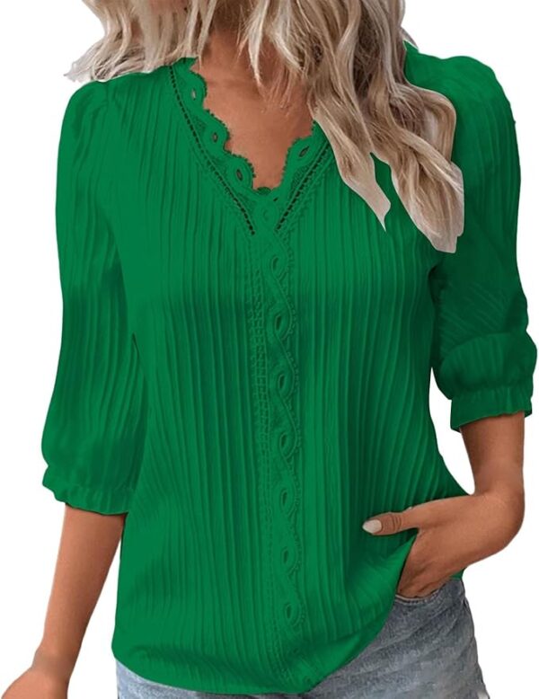 Women Summer Lace V Neck Plain Lace Elegant Shirt - Image 2
