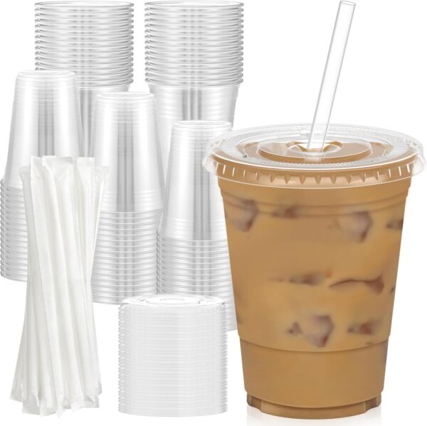 100 Pack - 16 oz Clear Plastic Cups with Lids and Straws,
