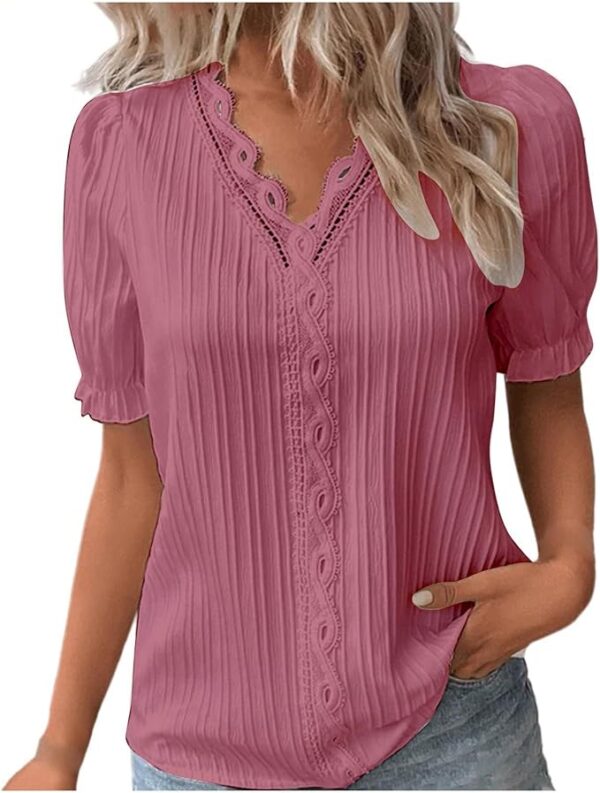 Women Summer Lace V Neck Plain Lace Elegant Shirt