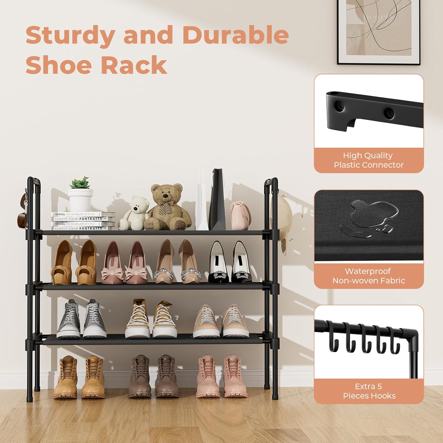 3 Tier Shoe Rack for Closet, Shoe Organizer with 5 Hooks, - Image 2
