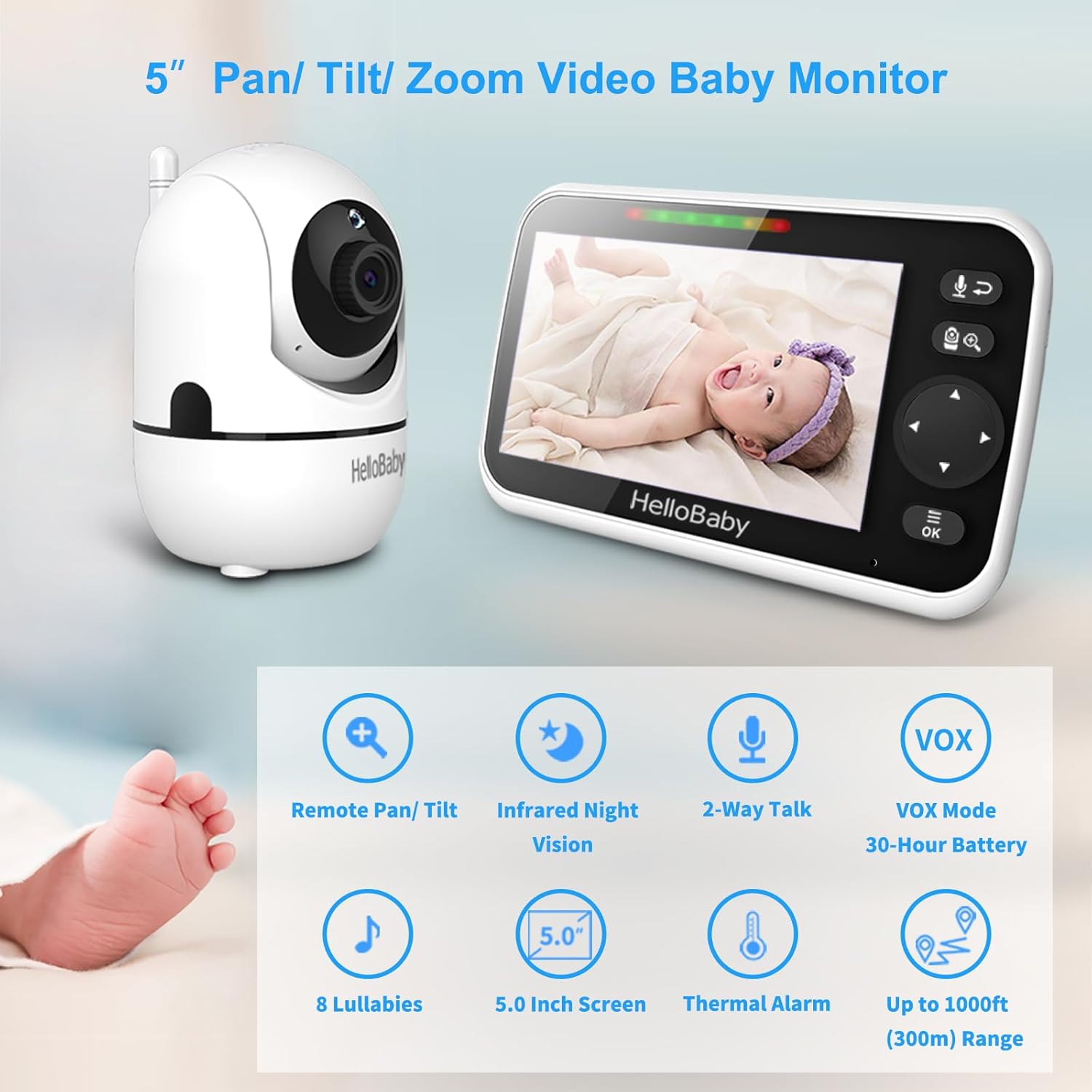 HelloBaby No WiFi Baby Monitor 5" Screen 30-Hour Battery Pan- - Image 4