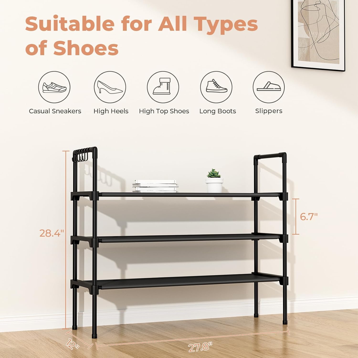 3 Tier Shoe Rack for Closet, Shoe Organizer with 5 Hooks, - Image 3