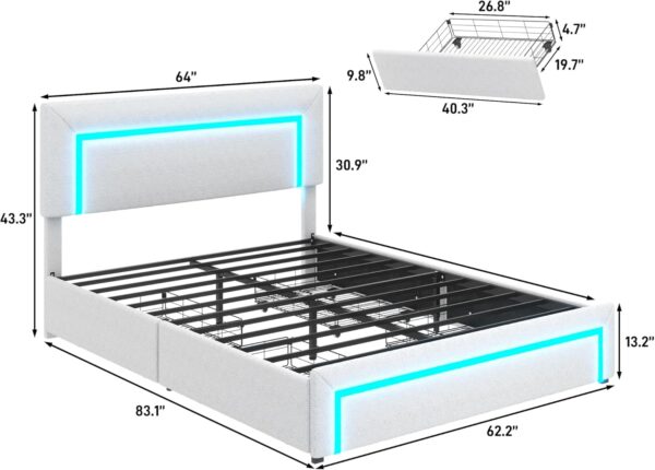Queen Size Boucle Bed Frame, LED Upholstered Platform - Image 4
