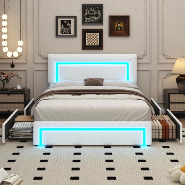Queen Size Boucle Bed Frame, LED Upholstered Platform
