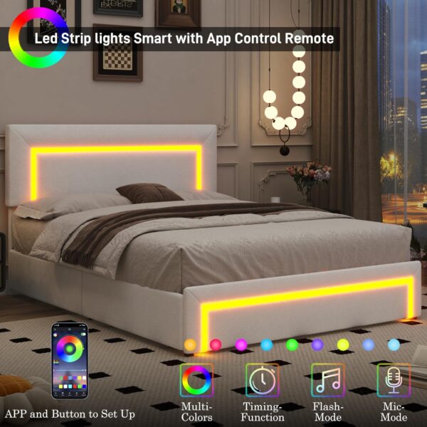 Queen Size Boucle Bed Frame, LED Upholstered Platform - Image 3
