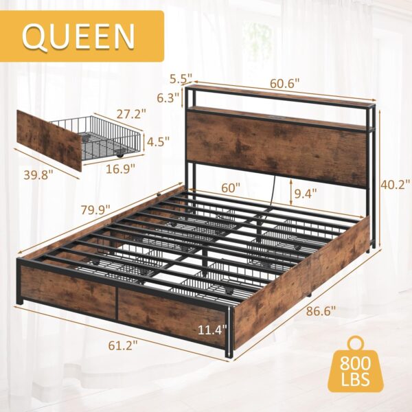 Lifezone Queen Bed Frame with 2-Tier Storage Headboard, - Image 3