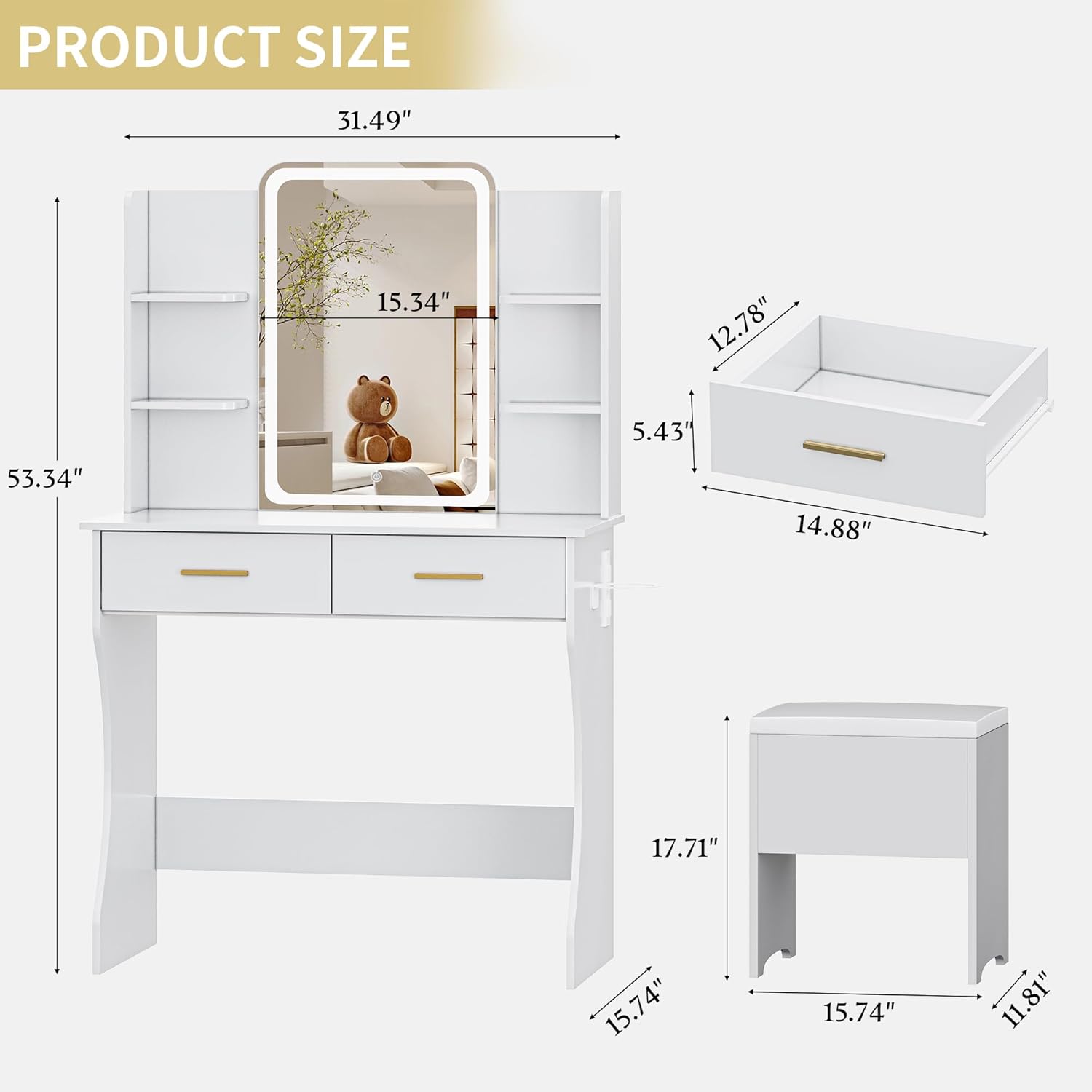 Vanity Desk with LED Lights Mirror & Power Outlet, - Image 4