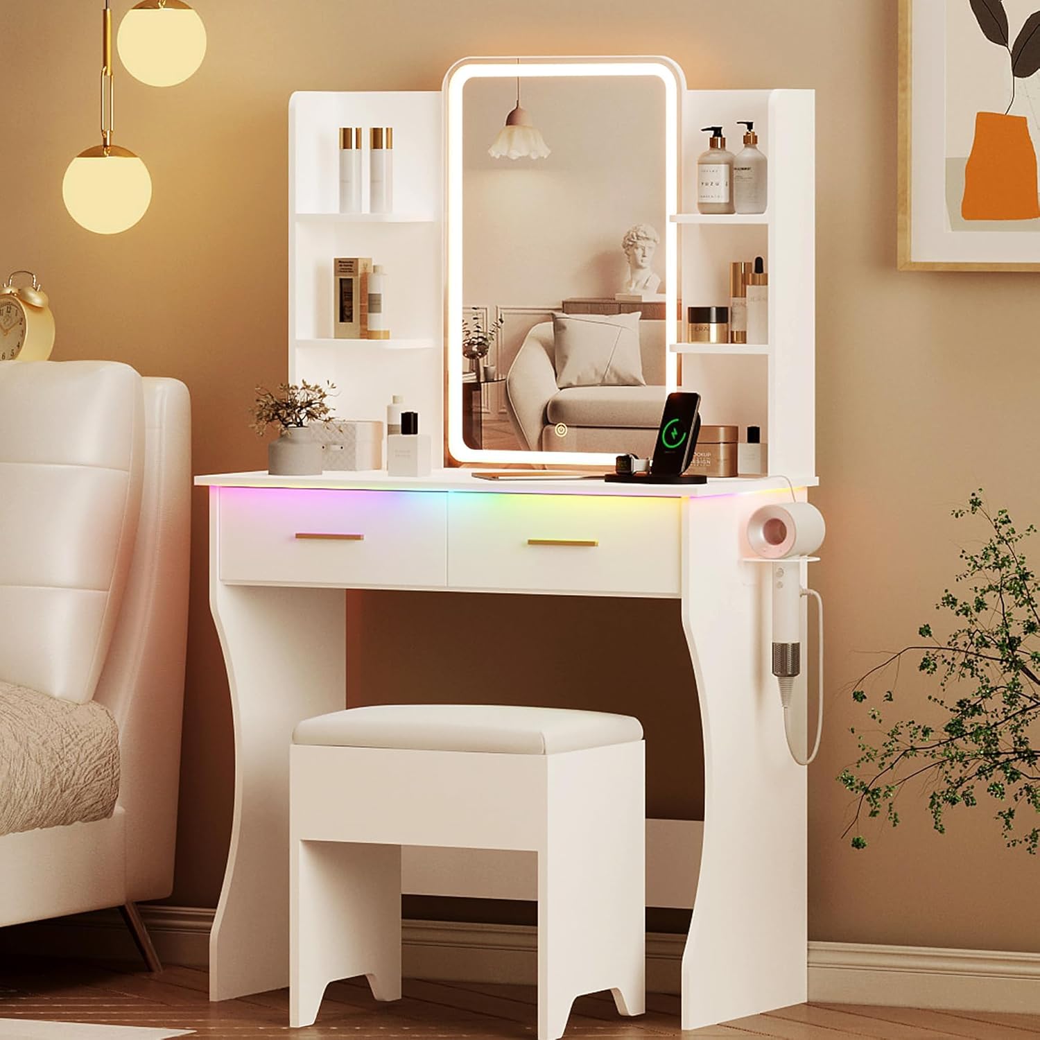 Vanity Desk with LED Lights Mirror & Power Outlet,