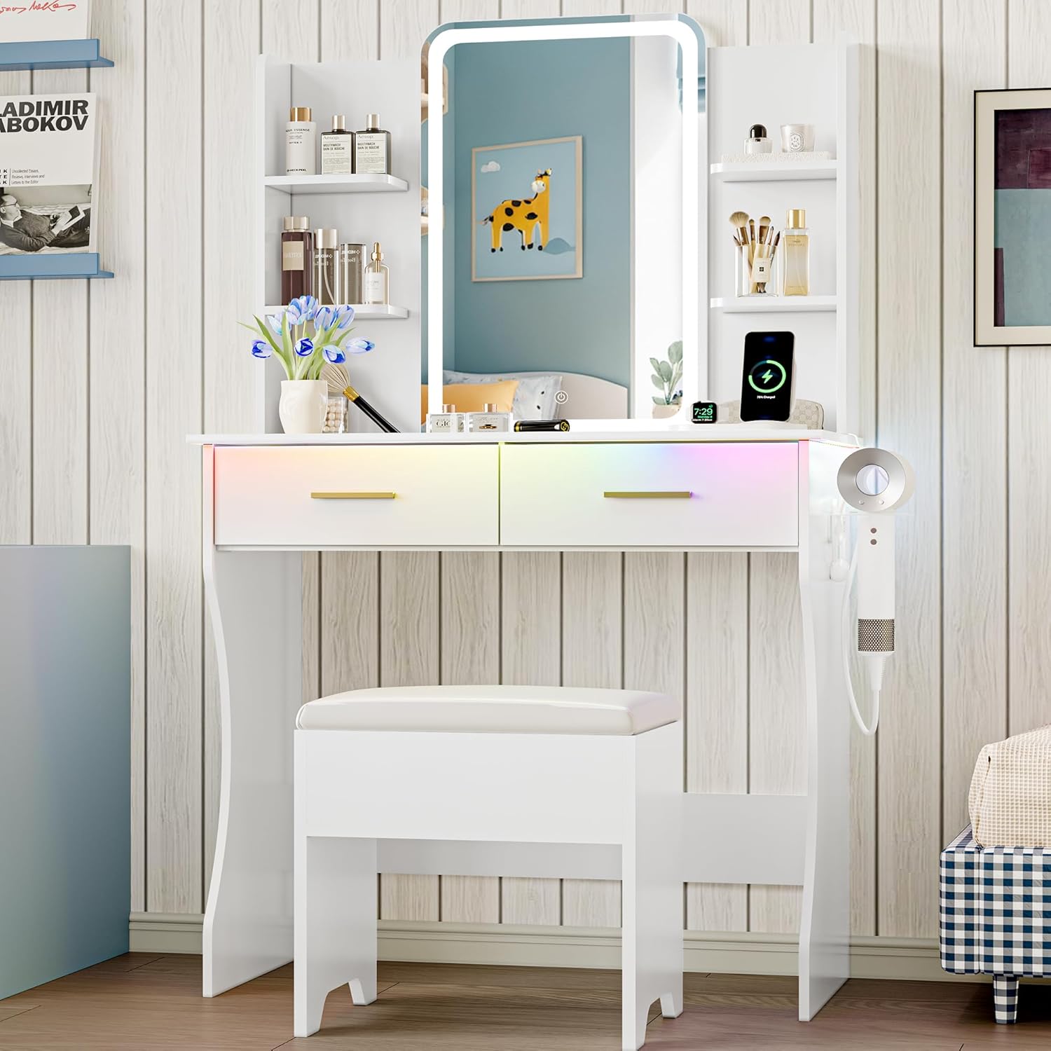 Vanity Desk with LED Lights Mirror & Power Outlet, - Image 3